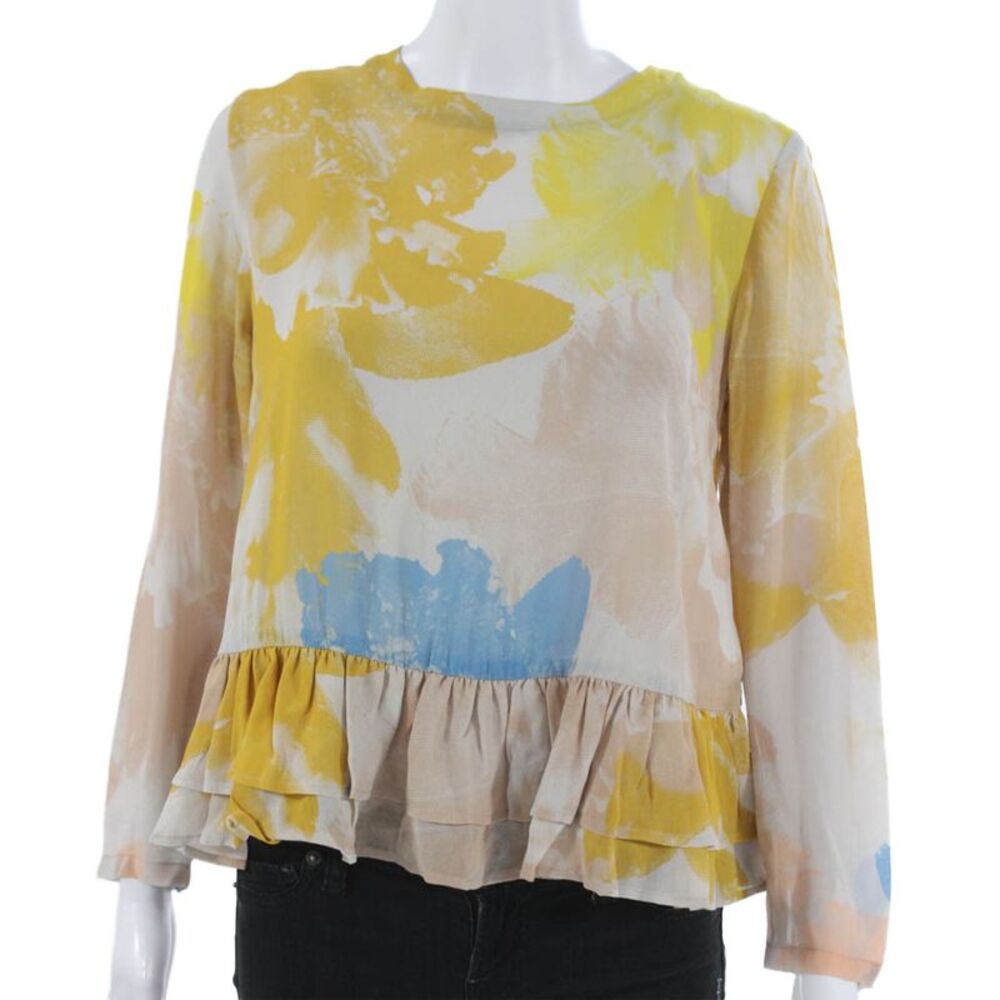 Rodebjer Womens Floral Viscose Blouse Button Round Neck Long Sleeve Size XS